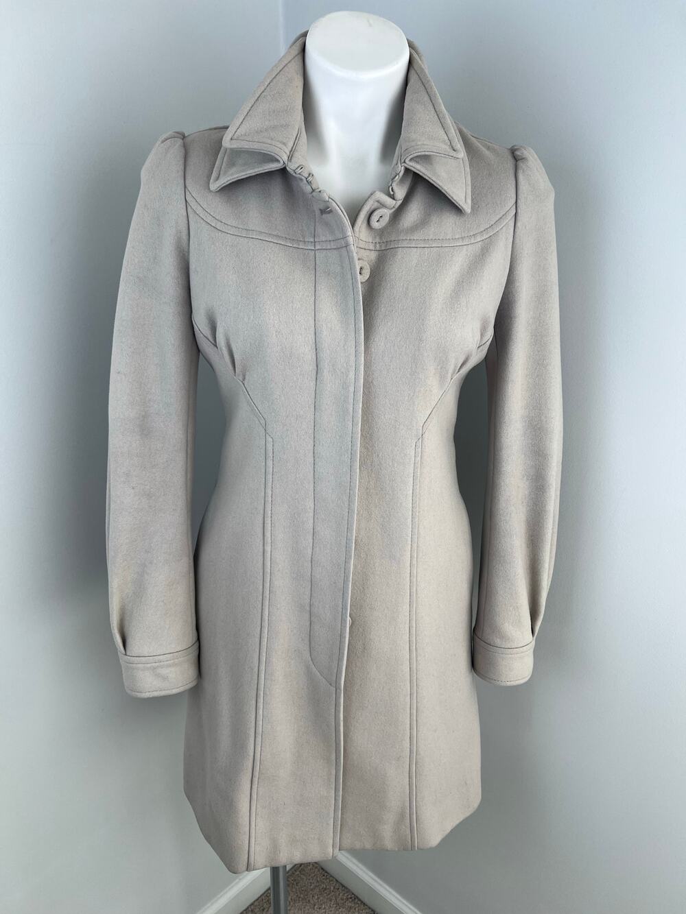 Anthropologie Elevenses Master Car Beige Tan Wool Blend Puff Sleeve Peacoat 4